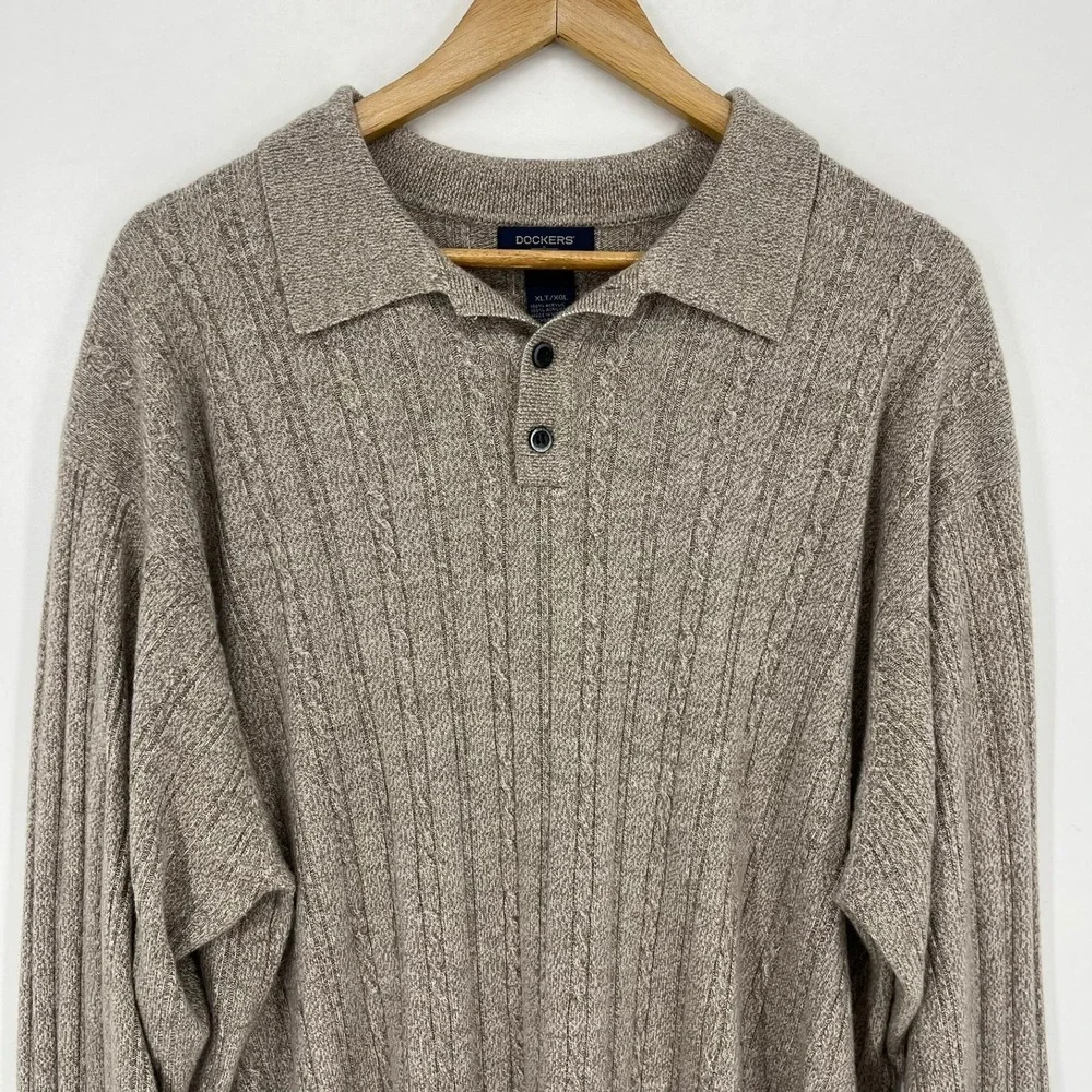 Dockers Mens XLT Tall Heathered Tan Cable Knit Polo Sweater Long Sleeve Vtg 90s